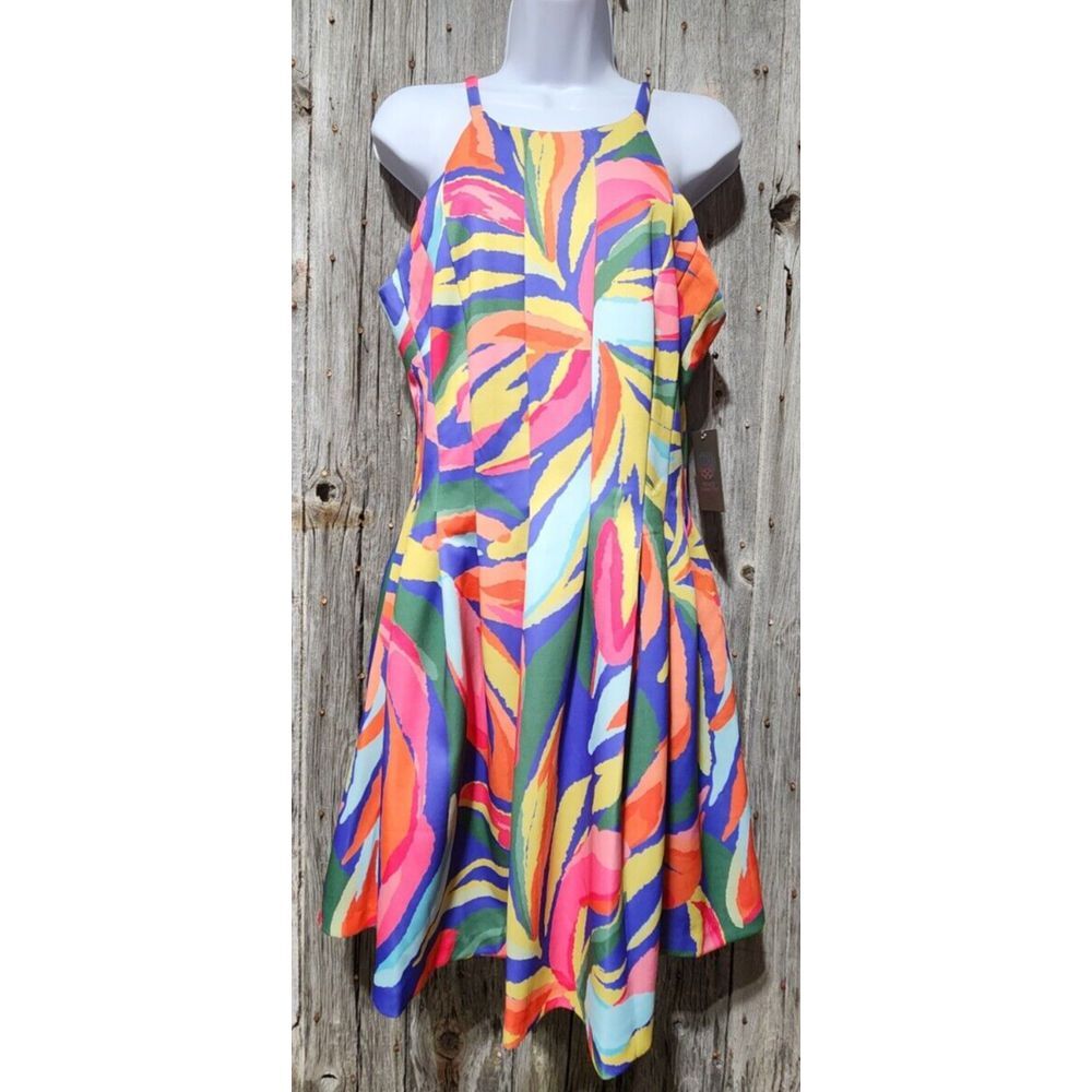 women's‎ Vince Camuto multi-color Scuba Halter Dress pockets Pleated size 10